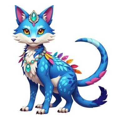Kawaii cute colorful exotic tropical beautiful pretty elegant divine edgy feline-vernid-sergal-Fakémon-Pokémon-fursona-animal-creature with accessories, jewelries, full body, with intricate detailed markings, feathers, crystals sticker