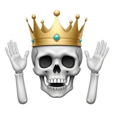 A shocked skull with a crown on top, both hands raised pressing on its head in disbelief, black and white sticker