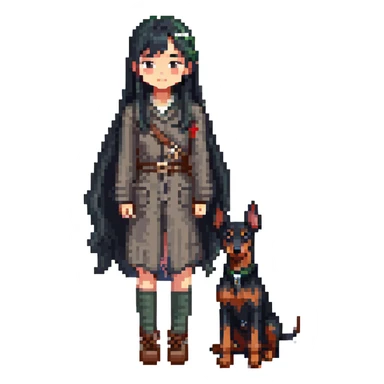 A long black hair Asian girl with a Doberman sticker