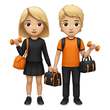 light skin students girl and boy with school bag full of books on hand and dumbell in other hand. Clothes are in black and orange colours. They are going to the gym. They have brown and blonde hair. Dumbell is visible in hand sticker