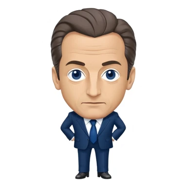 figure of Nicolas Sarkozy with an oversized head and small body, standing, wearing a navy suit and blue tie, highly recognizable face, simplified details sticker
