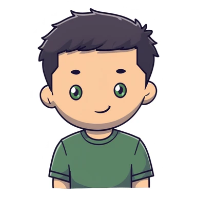 white man with dark messy short hair, dark green eyes, wearing a gray t-shirt sticker