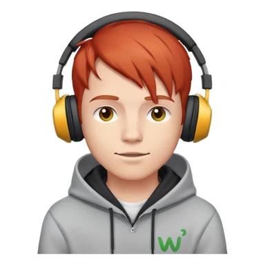 young male with red hair, wearing headphones and a hoodie with 'woojuo' letter print, emoji style, cartoon cute sticker