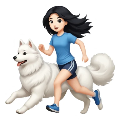 A beautiful girl with long black hair runs with a Samoyed sticker