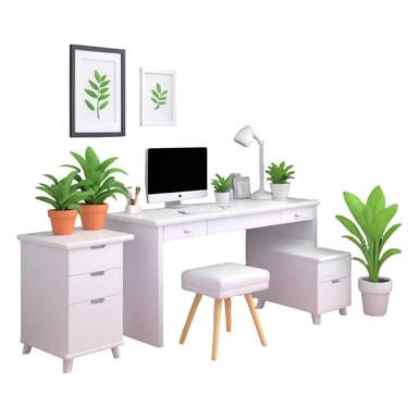 bright clean teenage room with white furniture, white vanity, white desk, white bed, and potted plants sticker