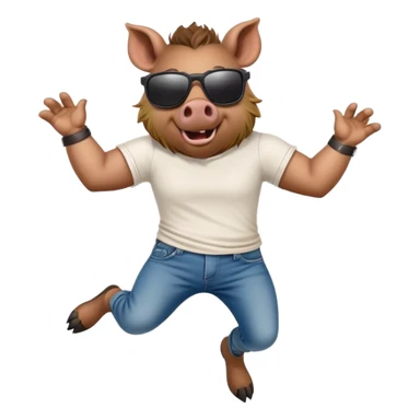 friendly anthropomorphised boar in jeans and a t-shirt, wearing dark sunglasses, jumping pose sticker
