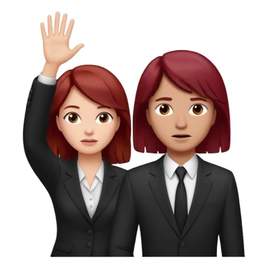 now make the girl u created in bussines outfit waveing with dark red hair and the man u created facepalm sticker