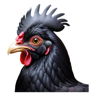 Cinematic Noble Black Chicken Portrait Emoji, Poised and regal, with a compact, sturdy build and a glossy, well-groomed pure black plumage, deep-set soulful beady eyes, Simplified yet sharp and sophisticated features, highly detailed, glowing with a soft, dignified glow, high shine, intelligent and alert, stylized with an air of mysterious elegance, focused and attentive, soft glowing outline, capturing the essence of a watchful and confident fowl, so majestic it feels as though it could strut out of the screen with effortless authority! sticker