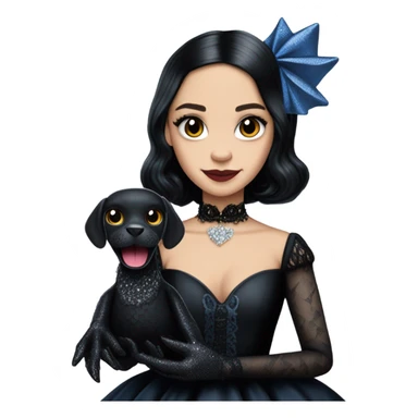 relaxed low-cut back silky black evening ball gown with lace gloves, Jenna Ortega as Wednesday Addams wearing a mini diamond tiara showing off blood blue cute horned old dragon hand puppet sticker