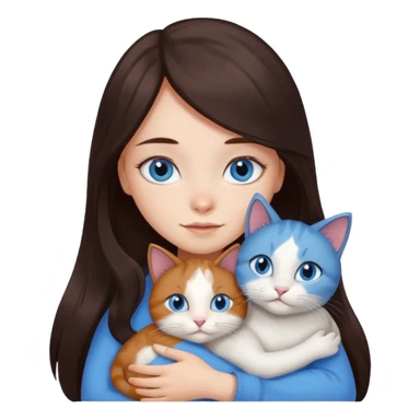 a girl with long dark 
brown hair, with blue eyes, hugs 3 different natural coloured cats sticker