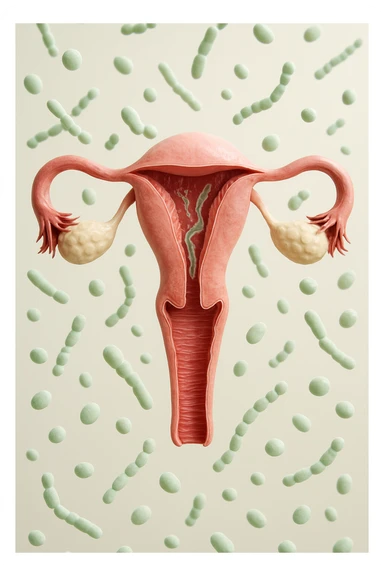 utero umano realistico con batteri della candida intorno, la foto si deve vedere per intero in formato verticale, sullo sfondo neutro chiaro ci sono batteri della candida, iperrealistico 4k sticker