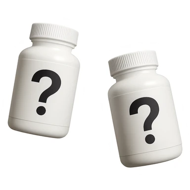 DUE BOCCETTE DI INTEGRATORI BIANCHE CON PUNTO INTERROGATIVO NERO SULL'ETICHETTA FLUTTUANO IN ARIA, IPERREALISTICA 4K sticker