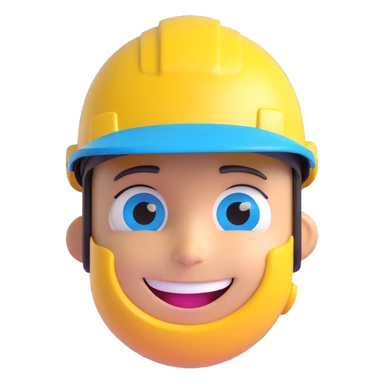 3D cartoon face of a construction AI agent, metallic skin, glowing blue eyes, yellow safety helmet, smiling sticker