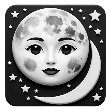 Visualize on-brand content — instantly. black white pallete preferred. brush painting on a canvas. app icon. modern, sleek, minimalistic. ai generated. make moon and star to look like a face. sticker