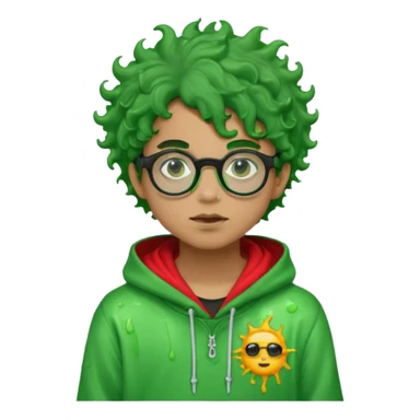 pale light brownskin boy with green slime coming out his eyes, and black glasses, nosering, wit messy, and curly freeforms, wearing a red hoodie with a Glo Gang sun on the hoodie. sticker
