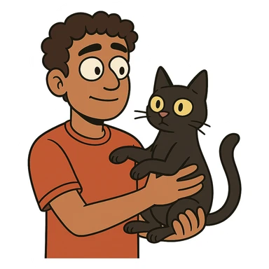 flat toon style young male with brown light skin, slightly curly hair, holding a black cat sticker