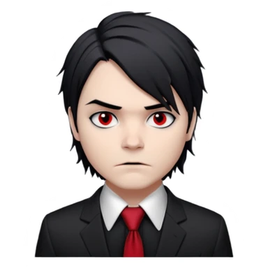 Gerard Way (Revenge Era)
Round, simplified emoji style
Pale skin tone
Jet-black, shoulder-length hair messy and emo
Heavy eyeliner and slight red shadow under the eyes
Subtle serious
Hint of red tie visible on black button up shirt.
Transparent background. Black eyeliner. Messy emo hair sticker