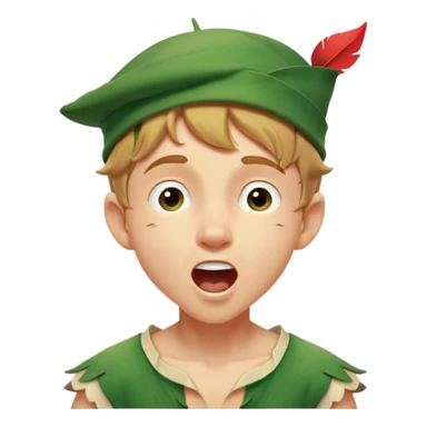 Cinematic Realistic Peter Pan Portrait, head tilted slightly with a dramatic, wide-open yawn, revealing a relaxed yet spirited expression. His detailed tunic and cap, paired with a gentle, ambient glow, capture a tender moment of vulnerability amidst his eternal quest for adventure. sticker