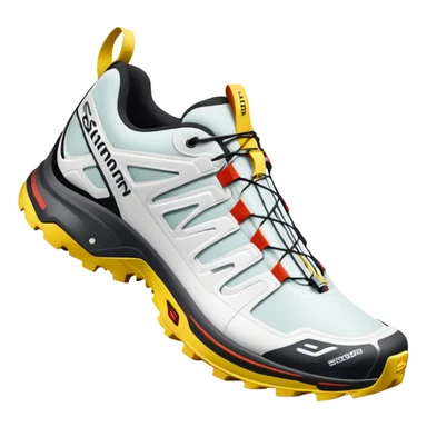 White Salomon XT-6 Gore-Tex sneakers as a pair with one shoe positioned behind the other, iOS emoji style, featuring trail running design with zigzag overlays and aggressive sole sticker