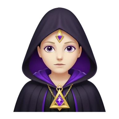 illuminati shadow figure standing in black cloak with gold triangle necklace, purple background sticker