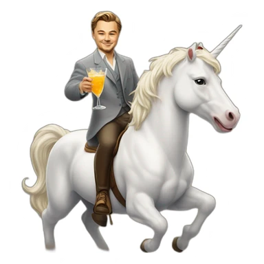 Leonardo DiCaprio smiling, raising a glass of cocktail and riding a white unicorn sticker