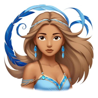 Cinematic Elegant Pocahontas Portrait Emoji, Standing serenely with a blue wind swirl around her, soft feathers in her hair, a tranquil yet powerful gaze, beauty beyond time, an ethereal aura of connection with nature, regal and enchanting! sticker