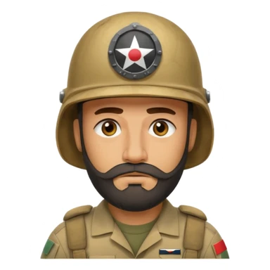 very tired Iraqi military, in a helmet, with a beard sticker
