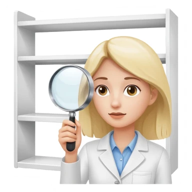emoji of white empty shelf in perspective view with a standing woman nearby, she is looking at the shelfs with a magnifying glass, she is turned to the shelfs sticker