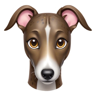 Cinematic Cute Brindle Greyhound Portrait Emoji, Head tilted playfully and inquisitively, featuring a sleek brindle Fur with subtle variations and round, sparkling eyes filled with curiosity, Simplified yet irresistibly adorable features, highly detailed, glowing with a warm, friendly glow, high shine, affectionate and nimble, stylized with a touch of whimsy, bright and endearing, soft glowing outline, capturing the essence of a mischievous yet loving companion, so playful it feels like it could sprint out of the screen and into your arms! sticker