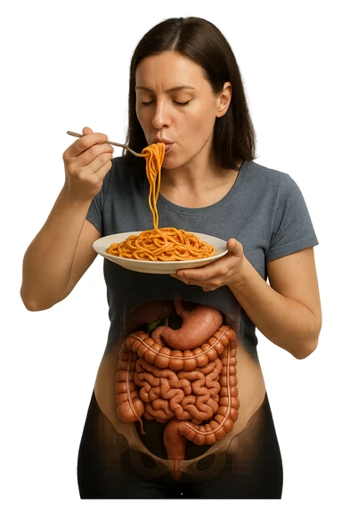 donna con intestino umano anatomico in evidenza che mangia un piatto di pasta, iperrealistico 4k sticker