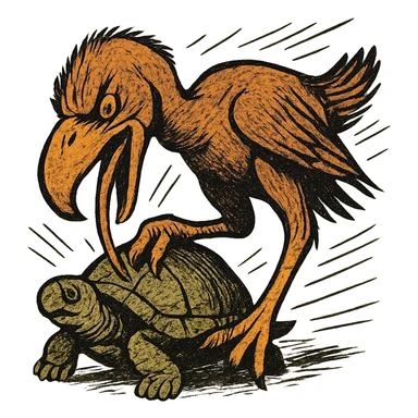 an insignia for a flag: a strange foreign alien bird creature, resembling a prehistoric phorusrhacos, gripping a upturned tortoise with a claw with its' beak tearing down into it
 sticker