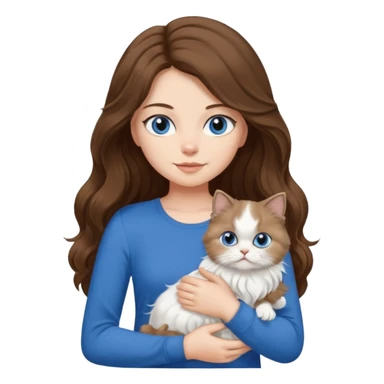 a girl with long wavy ish brown hair with a blue top and black pants holding a white persian cat  sticker