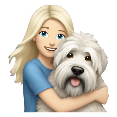 pretty woman blonde hair blue eyes hugging a white and gray soft coated wheaten terrier dog sticker