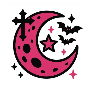 gothic moon, black and pink colors, vibrant toon style sticker