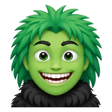 A bald person with bright white skin with a green sclera and green teeth, grinning widely. Has fluffy black neck fur, with a fluffy black body sticker