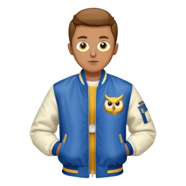 a guy in a blue bomber jacket with white sleeves with a yellow owl logo on the left side of the bomber jacket next to his chest sticker