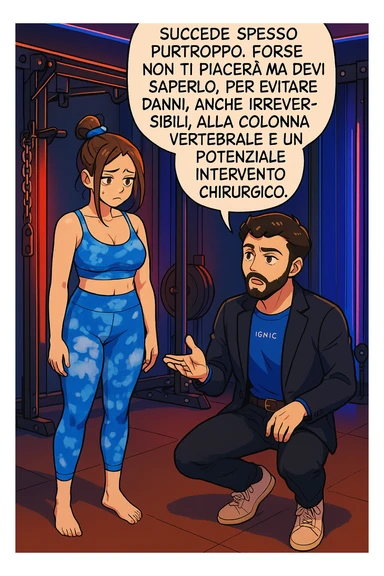 fai questa immagine in versione manga/webtoon a colori, il manga mostra l'uomo che risponde alla donne:
Succede spesso purtroppo. 
Forse non ti piacerà ma devi saperlo, per evitare danni, anche irreversibili, alla colonna vertebrale e un potenziale intervento chirurgico. sticker