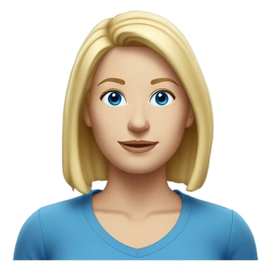 A head and shoulders shot of a 36 year old white woman, with straight blonde hair,   with blue eyes wearing a t-shirt. sticker