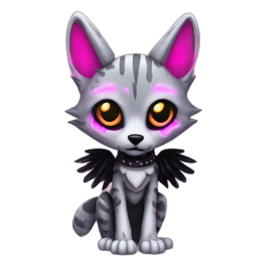 Coyote ocelot standing with grey and black fur and phoenix wings on back and pink ears half skeleton zombie, neon lights sticker