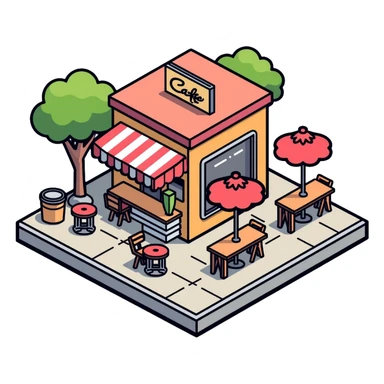 isometric corner cafe shop with outdoor seating and umbrellas sticker