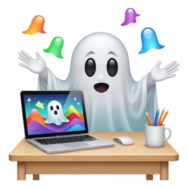 A cute ghost sits in front of a desk and is designing it with a laptop. see a laptop screen, and there is a photoshop screen on the screen. On the ghost surface, many shapes are leaving. sticker