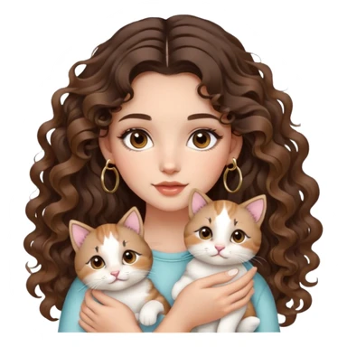 cute girl long brunette balayage curly/wavy not voluminous hair, brown eyes, hoop earrings, natural pretty clean makeup: holding kitties sticker