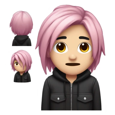 Create an emoji of an emo guy with split-dyed hair—one side pastel pink and the other side black. The hair should have a slightly messy, choppy texture, and the character should have a subtle, sad expression, wearing dark clothing typical of emo fashion sticker