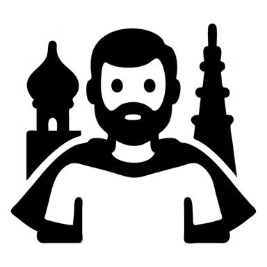 A hero emoji inspired by Moscow, featuring a character with a beard and short hair, wearing a gray t-shirt, with a purple and blue gradient background sticker