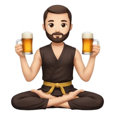 slavic guy with dark brown hair and beard, sitting in yoga pose on a mat, kung fu clothes, short dark hair, holding beer mugs in two hands, sitting sticker