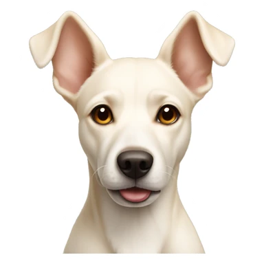 cream white colored dog, pointy ears, brown eyes, light brown nose sticker