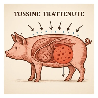 educational scene with anatomical diagram of a pig, arrows showing no toxin release through skin, highlighted accumulation of harmful substances, Italian text: 'Tossine trattenute', 4K quality sticker