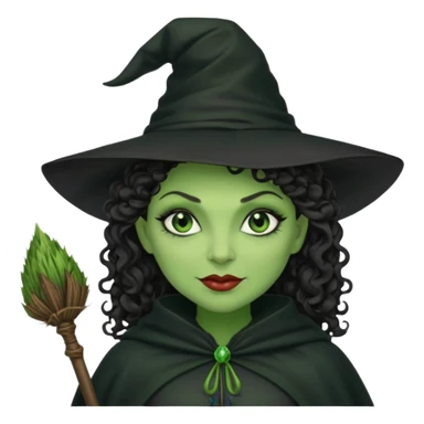 elphaba wicked witch with broom close up, evil dark curly hair, green skin, thick lips, cheekbones, smirk evil menacing cythia erivo dark aesthetic black hat cloak  sticker