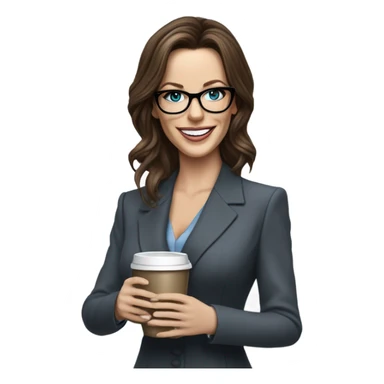 Hyper Realistic Kate Beckinsale blue eyes wearing glasses in a business dress drinking coffee happy  sticker