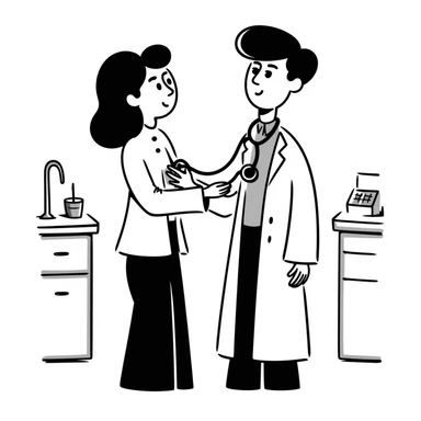 Detailed drawing of physician using stethoscope on patient's chest during cancer screening assessment sticker